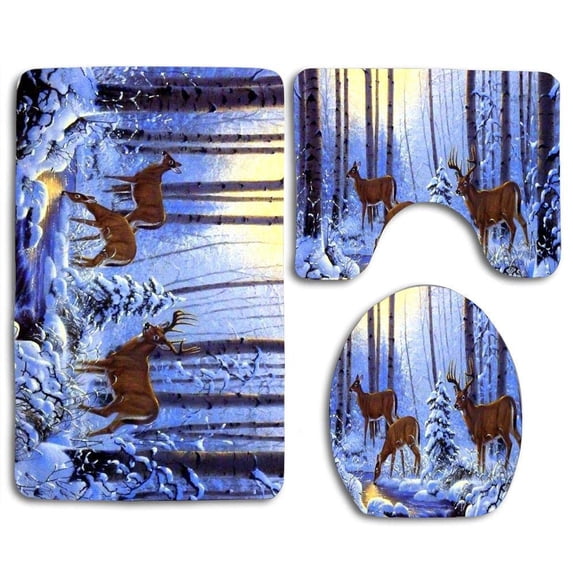 PUDMAD Creative Lions Family 3 Piece Bathroom Rugs Set Bath Rug Contour Mat and Toilet Lid Cover