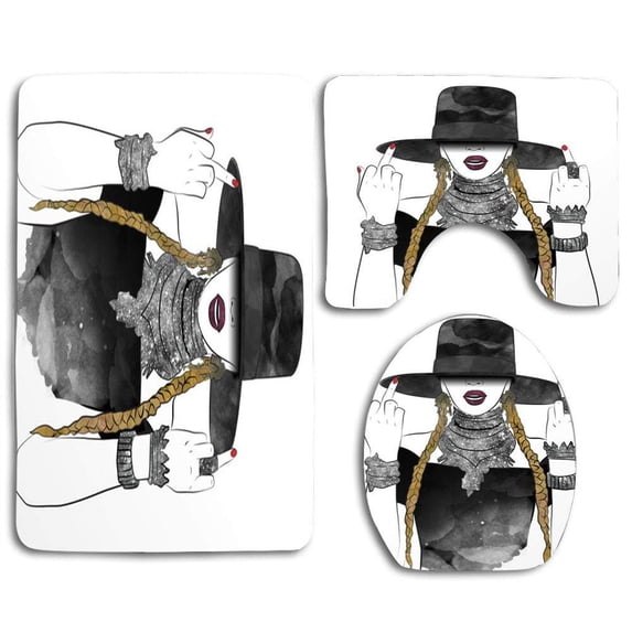 PUDMAD Creole Queen Bey 3 Piece Bathroom Rugs Set Bath Rug Contour Mat and Toilet Lid Cover