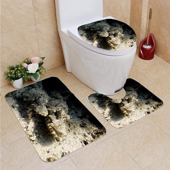 PUDMAD Crocodile Fish 3 Piece Bathroom Rugs Set Bath Rug Contour Mat and Toilet Lid Cover