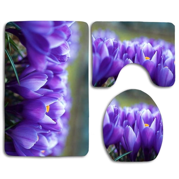 PUDMAD Crocus Flowers 3 Piece Bathroom Rugs Set Bath Rug Contour Mat and Toilet Lid Cover