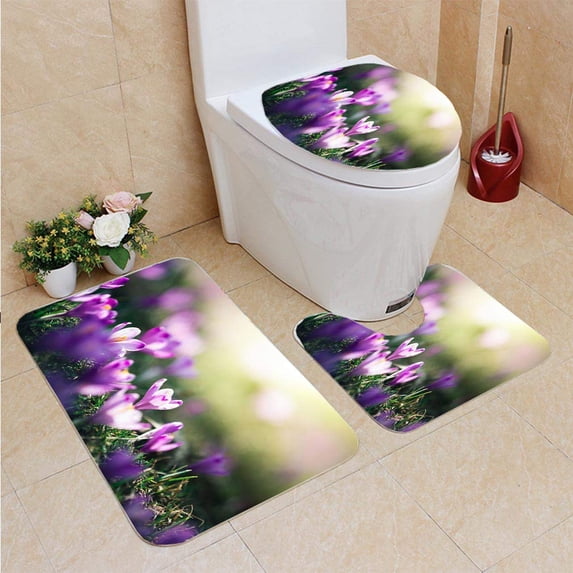 PUDMAD Crocus Flowers 3 Piece Bathroom Rugs Set Bath Rug Contour Mat and Toilet Lid Cover