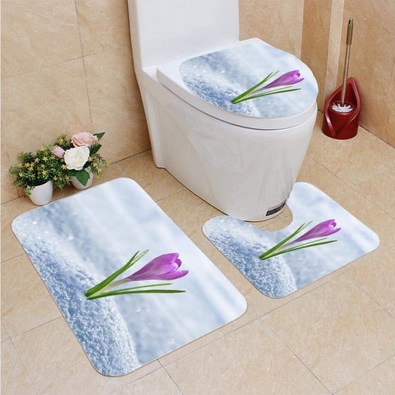 PUDMAD Crocus in Snow 3 Piece Bathroom Rugs Set Bath Rug Contour Mat and Toilet Lid Cover