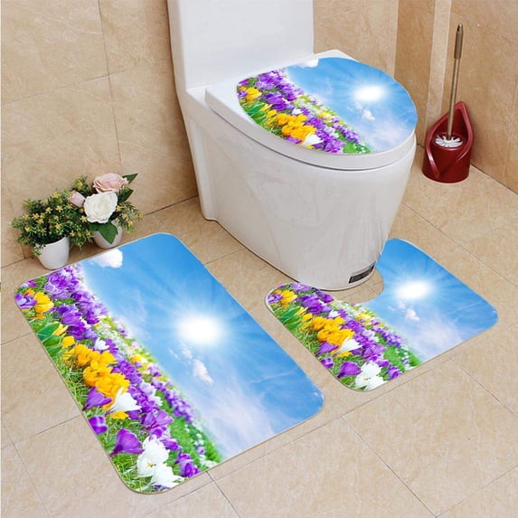 PUDMAD Crocuses in Spring Sun 3 Piece Bathroom Rugs Set Bath Rug Contour Mat and Toilet Lid Cover
