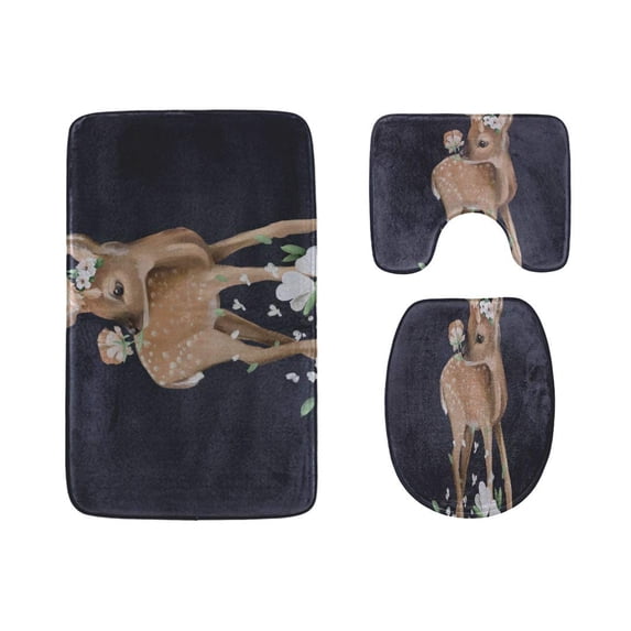 PUDMAD Crowned Sika Deer 3 Piece Bathroom Rugs Set Bath Rug Contour Mat and Toilet Lid Cover