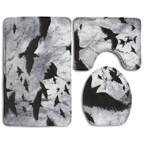 PUDMAD Crows Ravens Beautiful 3 Piece Bathroom Rugs Set Bath Rug Contour Mat and Toilet Lid Cover