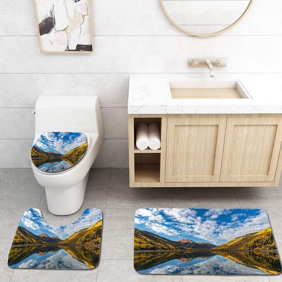 PUDMAD Crystal Lake Fall Foliage Reflection 3 Piece Bathroom Rugs Set Bath Rug Contour Mat and Toilet Lid Cover