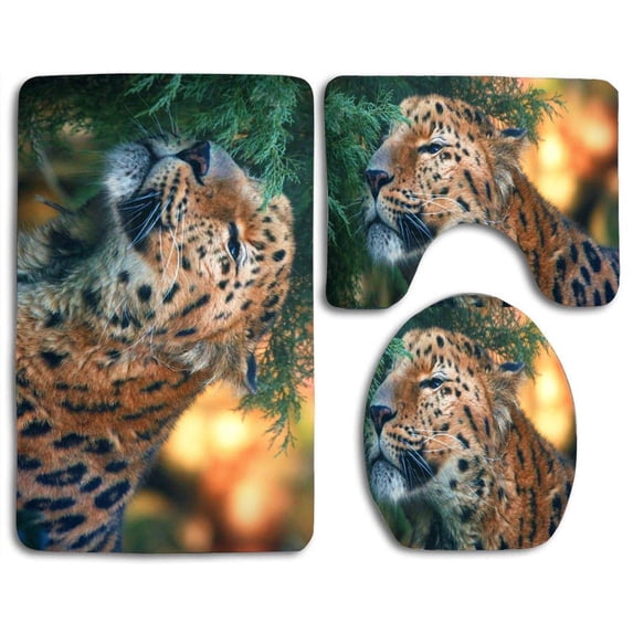 PUDMAD Cute Amur Leopard 3 Piece Bathroom Rugs Set Bath Rug Contour Mat and Toilet Lid Cover