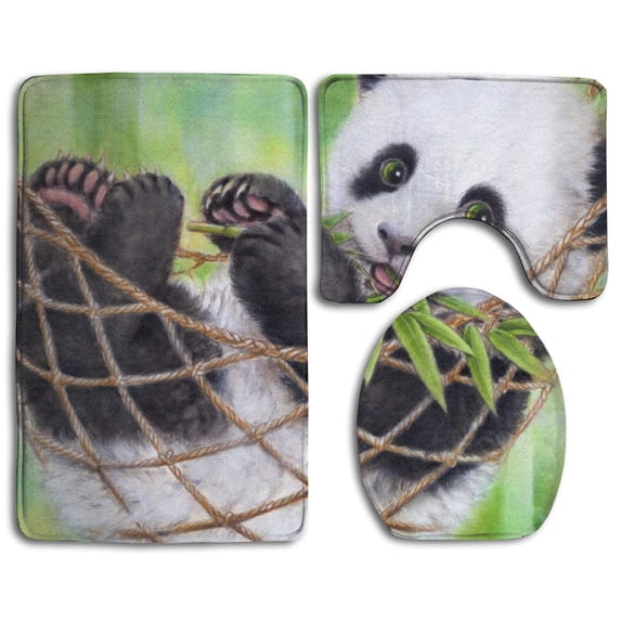 PUDMAD Cute Baby Panda Eating Bamboo 3 Piece Bathroom Rugs Set Bath Rug Contour Mat and Toilet Lid Cover
