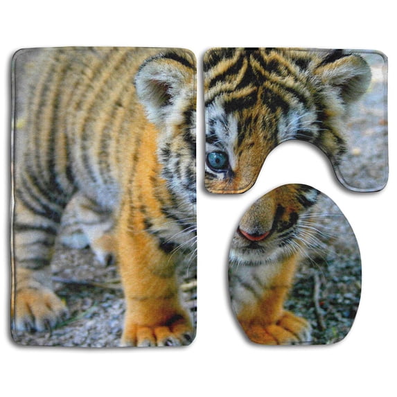 PUDMAD Cute Baby Tiger 3 Piece Bathroom Rugs Set Bath Rug Contour Mat and Toilet Lid Cover
