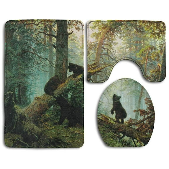 PUDMAD Cute Bears Play in Tree Fashion 3 Piece Bathroom Rugs Set Bath Rug Contour Mat and Toilet Lid Cover