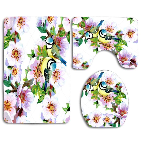 PUDMAD Cute Birds and Peach Blossom 3 Piece Bathroom Rugs Set Bath Rug Contour Mat and Toilet Lid Cover