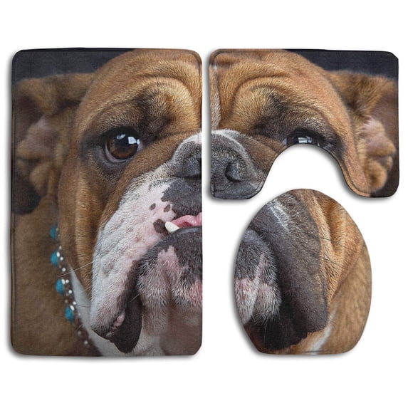 PUDMAD Cute Bulldog Dog 3 Piece Bathroom Rugs Set Bath Rug Contour Mat and Toilet Lid Cover
