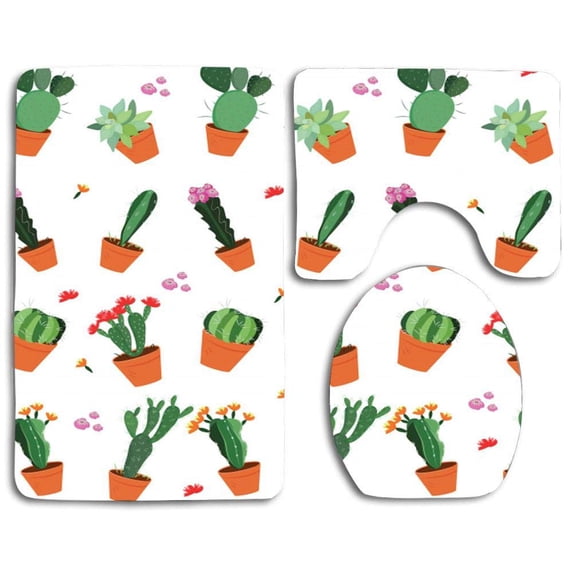 PUDMAD Cute Cactus and Pink Flowers 3 Piece Bathroom Rugs Set Bath Rug Contour Mat and Toilet Lid Cover