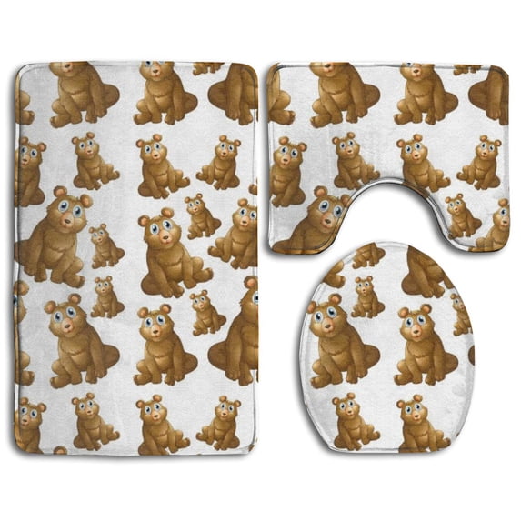PUDMAD Cute Cartoon Bear 3 Piece Bathroom Rugs Set Bath Rug Contour Mat and Toilet Lid Cover