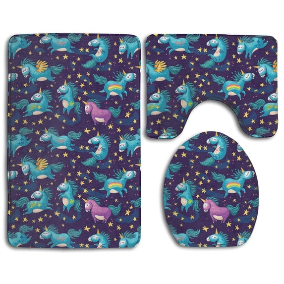 PUDMAD Cute Cartoon Horse Unicorn 3 Piece Bathroom Rugs Set Bath Rug Contour Mat and Toilet Lid Cover