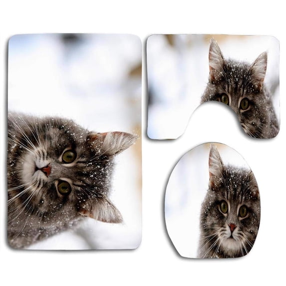 PUDMAD Cute Cat 3 Piece Bathroom Rugs Set Bath Rug Contour Mat and Toilet Lid Cover