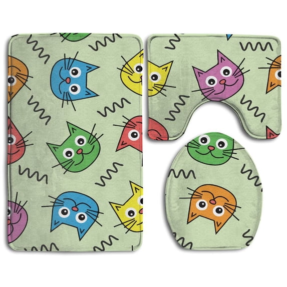 PUDMAD Cute Cat Heads 3 Piece Bathroom Rugs Set Bath Rug Contour Mat and Toilet Lid Cover