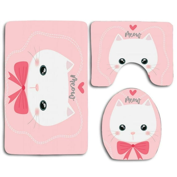PUDMAD Cute Cat Pink Bow 3 Piece Bathroom Rugs Set Bath Rug Contour Mat and Toilet Lid Cover