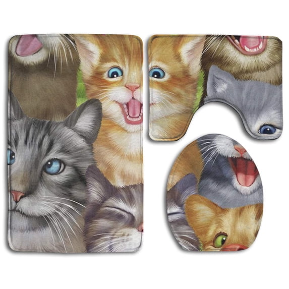 PUDMAD Cute Cats Selfie 3 Piece Bathroom Rugs Set Bath Rug Contour Mat and Toilet Lid Cover