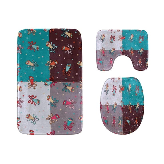 PUDMAD Cute Christmas Bells 3 Piece Bathroom Rugs Set Bath Rug Contour Mat and Toilet Lid Cover