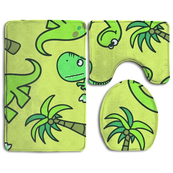 PUDMAD Cute Dinosaurs Palm Trees 3 Piece Bathroom Rugs Set Bath Rug Contour Mat and Toilet Lid Cover