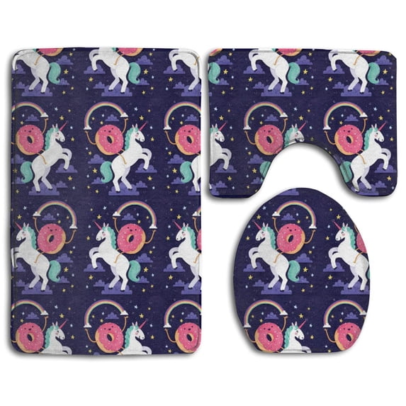 PUDMAD Cute Donut Rides on Rainbow Unicorn 3 Piece Bathroom Rugs Set Bath Rug Contour Mat and Toilet Lid Cover
