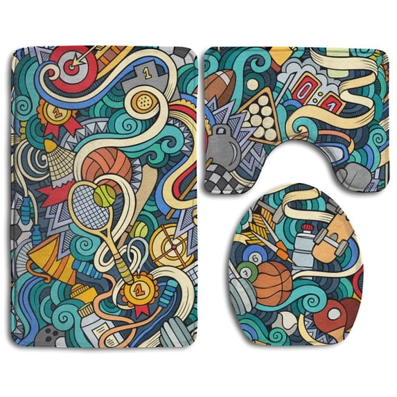 PUDMAD Cute Doodles Sports Equipment 3 Piece Bathroom Rugs Set Bath Rug Contour Mat and Toilet Lid Cover
