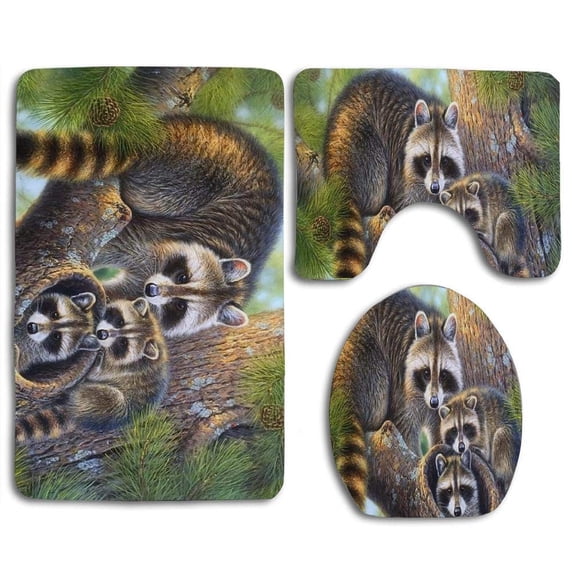 PUDMAD Cute Family Lovely Raccoons 3 Piece Bathroom Rugs Set Bath Rug Contour Mat and Toilet Lid Cover