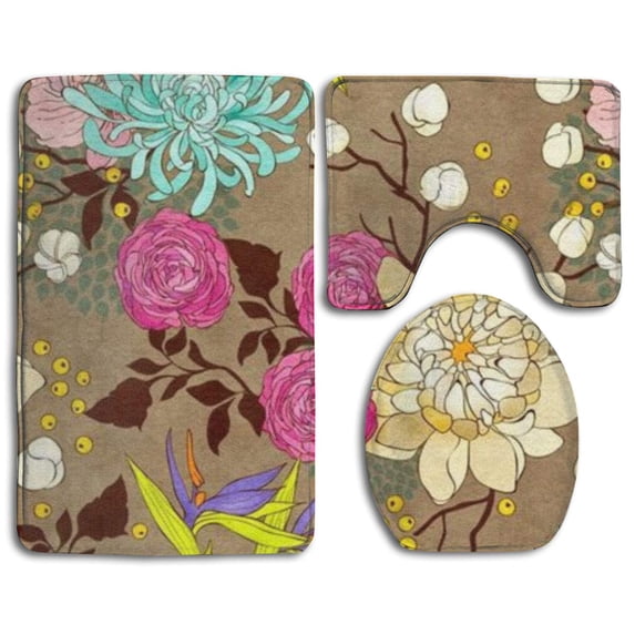 PUDMAD Cute Flower 3 Piece Bathroom Rugs Set Bath Rug Contour Mat and Toilet Lid Cover