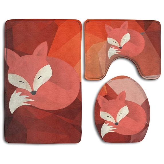 PUDMAD Cute Fox 3 Piece Bathroom Rugs Set Bath Rug Contour Mat and Toilet Lid Cover