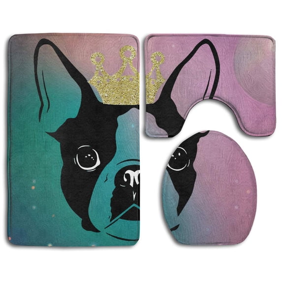 PUDMAD Cute French Bulldog Crown 3 Piece Bathroom Rugs Set Bath Rug Contour Mat and Toilet Lid Cover