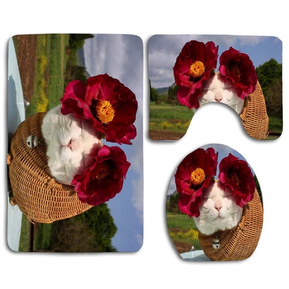 PUDMAD Cute Funny Flowers Cat Basket Pet 3 Piece Bathroom Rugs Set Bath Rug Contour Mat and Toilet Lid Cover