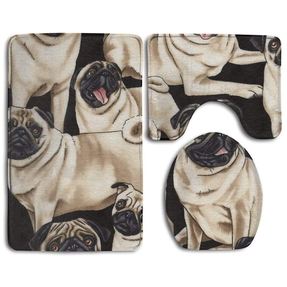 PUDMAD Cute Funny Pugs Dog 3 Piece Bathroom Rugs Set Bath Rug Contour Mat and Toilet Lid Cover