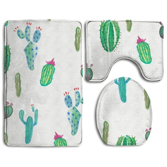 PUDMAD Cute Green Cactus 3 Piece Bathroom Rugs Set Bath Rug Contour Mat and Toilet Lid Cover
