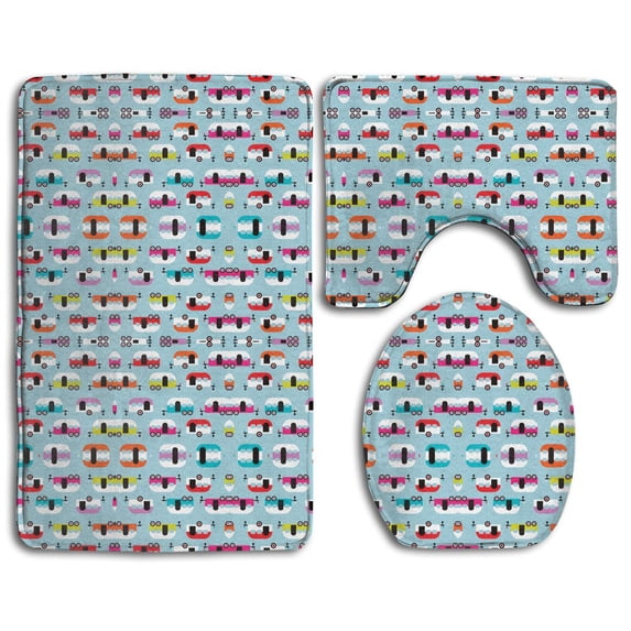 PUDMAD Cute Happy Camper 3 Piece Bathroom Rugs Set Bath Rug Contour Mat and Toilet Lid Cover