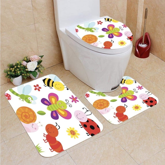 PUDMAD Cute Insects 3 Piece Bathroom Rugs Set Bath Rug Contour Mat and Toilet Lid Cover