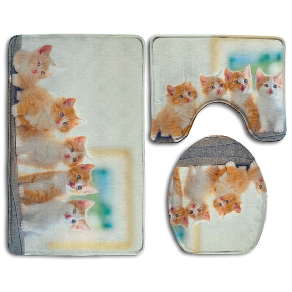 PUDMAD Cute Kitten 3 Piece Bathroom Rugs Set Bath Rug Contour Mat and Toilet Lid Cover
