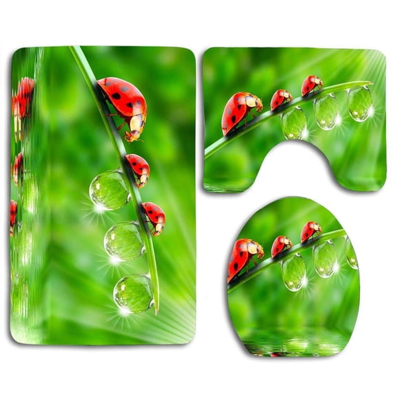 PUDMAD Cute Ladybugs 3 Piece Bathroom Rugs Set Bath Rug Contour Mat and Toilet Lid Cover