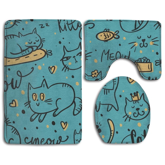 PUDMAD Cute Leisurely Cats Kitten 3 Piece Bathroom Rugs Set Bath Rug Contour Mat and Toilet Lid Cover