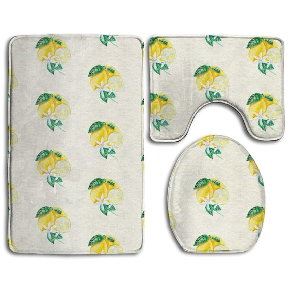 PUDMAD Cute Lemons and Decorative Flowers 3 Piece Bathroom Rugs Set Bath Rug Contour Mat and Toilet Lid Cover