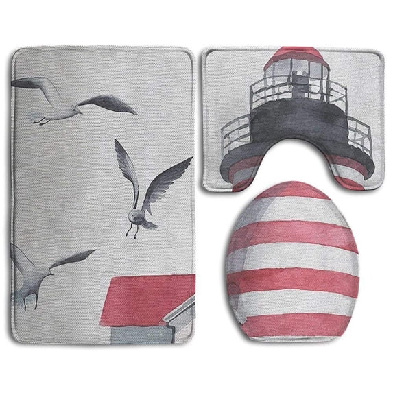 PUDMAD Cute Lighthouse and Seagulls 3 Piece Bathroom Rugs Set Bath Rug Contour Mat and Toilet Lid Cover