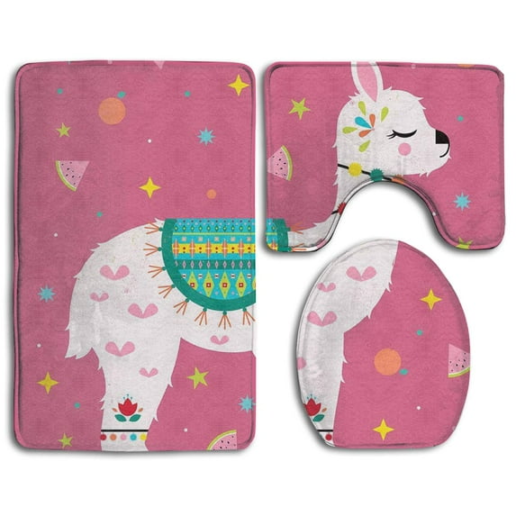 PUDMAD Cute Llama 3 Piece Bathroom Rugs Set Bath Rug Contour Mat and Toilet Lid Cover