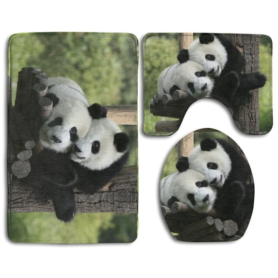 PUDMAD Cute Panda 3 Piece Bathroom Rugs Set Bath Rug Contour Mat and Toilet Lid Cover