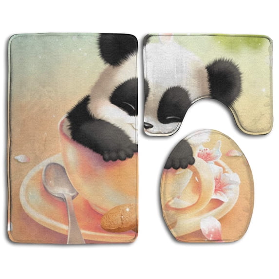 PUDMAD Cute Panda Flower 3 Piece Bathroom Rugs Set Bath Rug Contour Mat and Toilet Lid Cover
