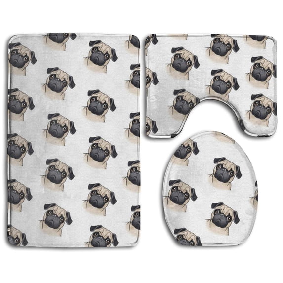 PUDMAD Cute Pug Dog White 3 Piece Bathroom Rugs Set Bath Rug Contour Mat and Toilet Lid Cover