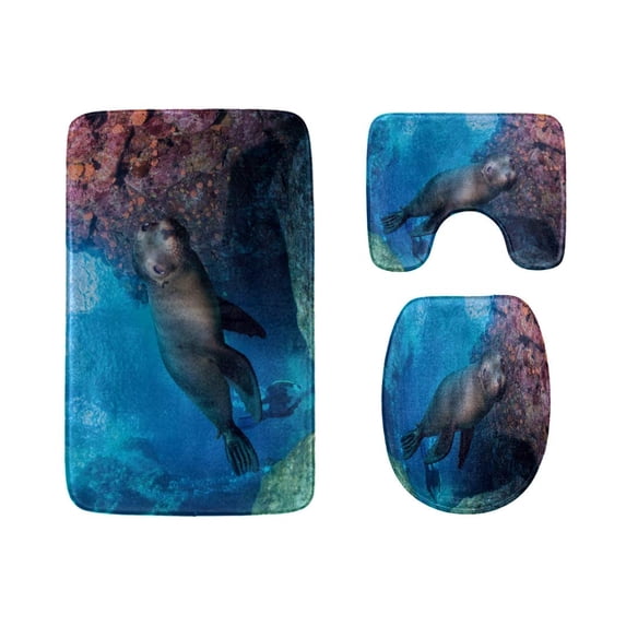 PUDMAD Cute Sea Lion in Water 3 Piece Bathroom Rugs Set Bath Rug Contour Mat and Toilet Lid Cover