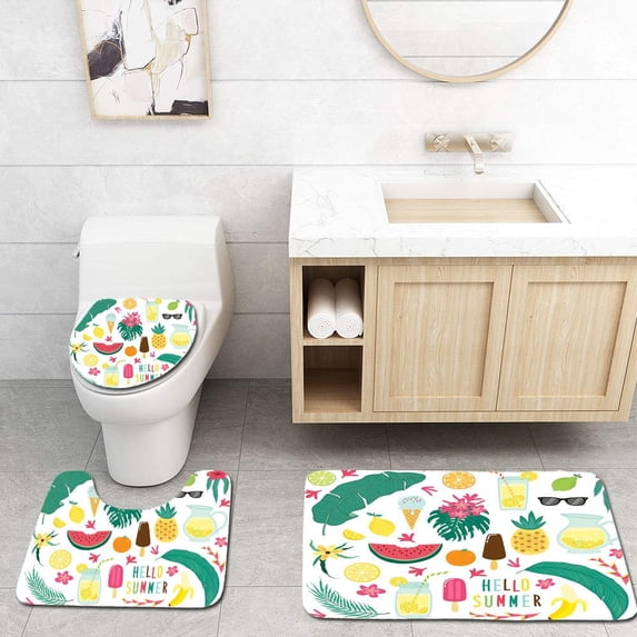 PUDMAD Cute Set Hand Drawn Summer Elements 3 Piece Bathroom Rugs Set Bath Rug Contour Mat and Toilet Lid Cover