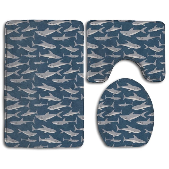 PUDMAD Cute Shark Eco-Friendly 3 Piece Bathroom Rugs Set Bath Rug Contour Mat and Toilet Lid Cover