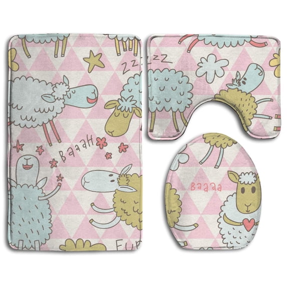 PUDMAD Cute Sheep 3 Piece Bathroom Rugs Set Bath Rug Contour Mat and Toilet Lid Cover