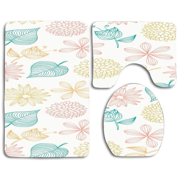 PUDMAD Cute Simple Flowers and Leaves 3 Piece Bathroom Rugs Set Bath Rug Contour Mat and Toilet Lid Cover